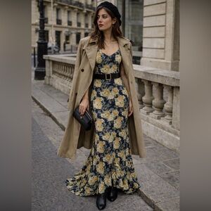 Boohoo Floral Maxi Dress, Tie-Back, Navy/Yellow, Summer, Women's Small.